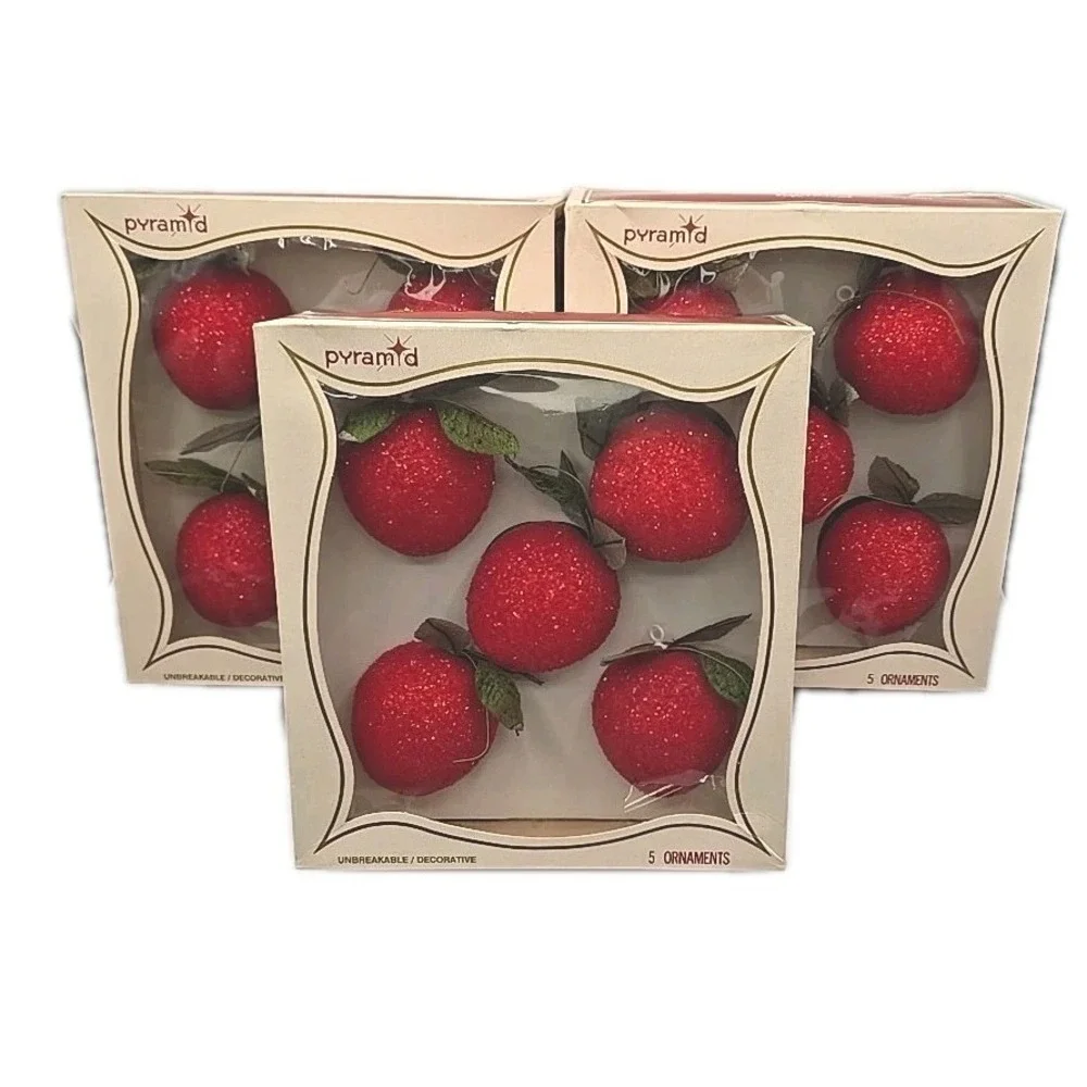 Pyramid‎ Glitter Apple 3 Boxed Sets of 5 in Box Christmas Tree Ornament Vtg VSA